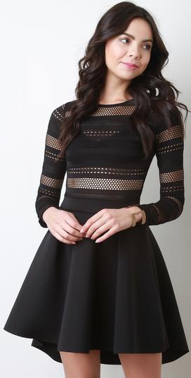 Netted Long Sleeve Fit And Flare Dress