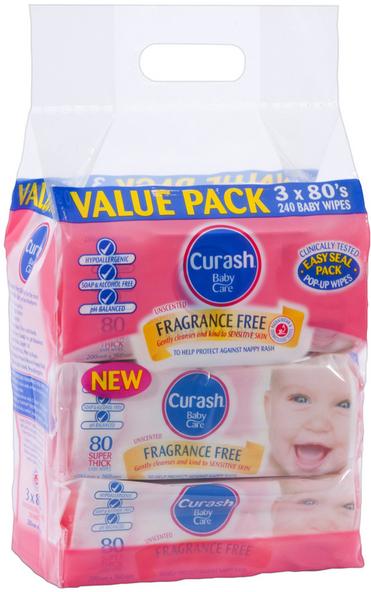 CurashBabyWipesFragranceFree3X80BulkPack