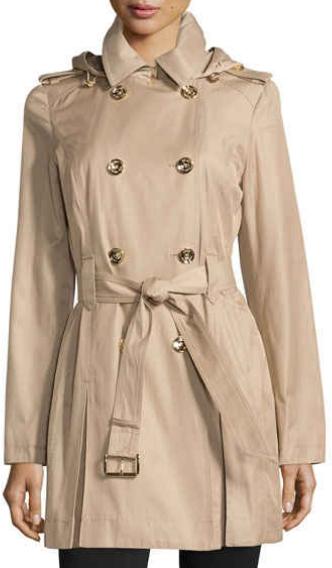 MICHAEL Michael Kors
Double-Breasted Hooded Trench Coat, British Khaki