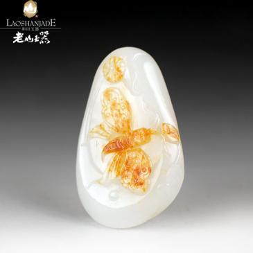 袁長軍作品和田玉羊脂玉籽料掛件蝶戀花皮色艷麗精致高雅