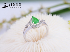 18K白金鉆石冰糯種翠綠天然A貨翡翠福祿壽喜戒指