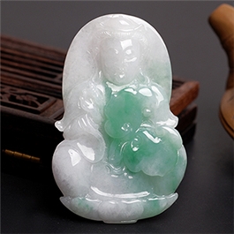 天然翡翠掛件--老坑糯種翠綠飄花雙面精雕蓮座觀音