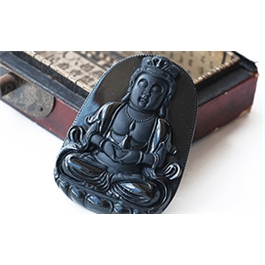 天然翡翠掛件--老坑糯種墨翠局部拋光精工雙面細雕觀音
