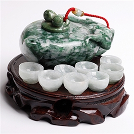 天然翡翠手玩擺件--老坑糯種濃綠寫(xiě)實(shí)厚實(shí)立體精雕古典茶壺茶杯套具