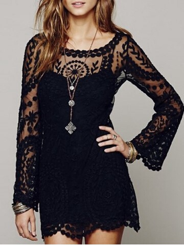 Sexy Scoop Collar Long Sleeve See-Through Solid Color Lace Women's Dress