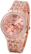 GENEVAQuartzWatchWithDiamondsRoundDialAndSteelWatchBandForWomen
