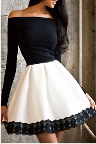 Stylish Off-The-Shoulder Long Sleeve Color Block Lace Hem Women's Fit and Flare Dress
