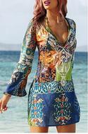 FashionablePlungingNeckLongSleeveColorfulPrintedChiffonDressForWomen