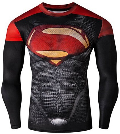 Cool 3D Superman Pattern Color Block Skinny Round Neck Long Sleeves Men's Quick-Dry T-Shirt