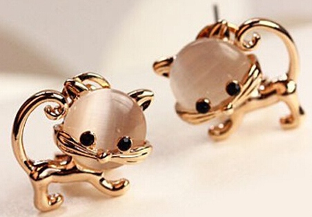 Pair of Cute Faux Opal Embellished Kitten Earrings For Women