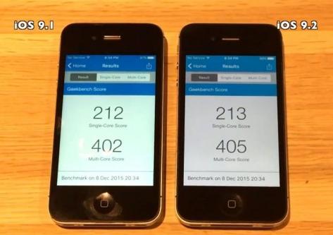 iPhone 4s分别运行iOS 9.1和iOS 9.2的对比