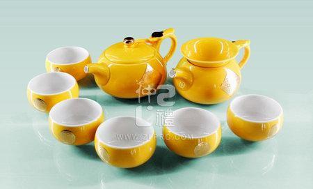 新黄釉万事如意小圆茶壶小苹果杯10头茶具组